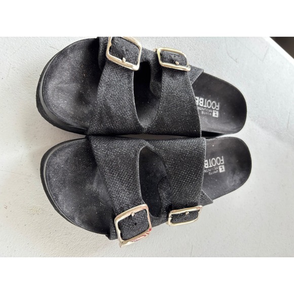 White Mountain Shoes - White Mountain Footbeds Black Glitter Double Strap Buckle Slide Sandals Womens 7